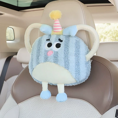 Car Headrest and Lumbar Support Cartoon Plush Car Seat Back Cushion Neck Pillow Cushion Cute Car Interior Supplies for Women (Headrest) - striped-monster-blue-headrest
