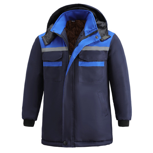 Winter Security Cotton Parka, Insulated, Deep Blue, Fleece Lined, Warm, Thick, Reflective Strips, Storage Workwear, Men's Windproof