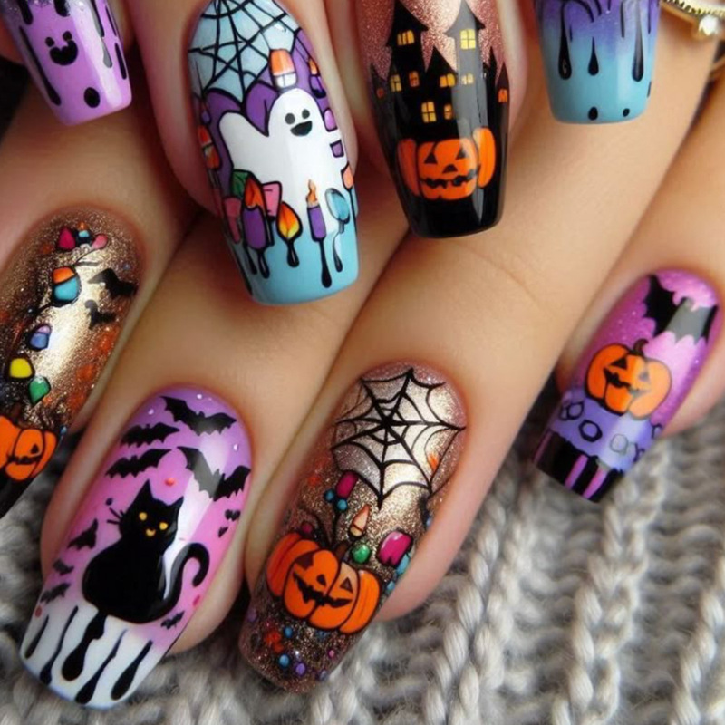 Halloween Nails European and American Medium Rectangular Pumpkin Colorful Spider Web Bat Ghost Pattern Removable Fake Nails Halloween Nails European and American Medium Rectangular Pumpkin Colorful Spider Web Bat Ghost Pattern Removable Fake Nails
