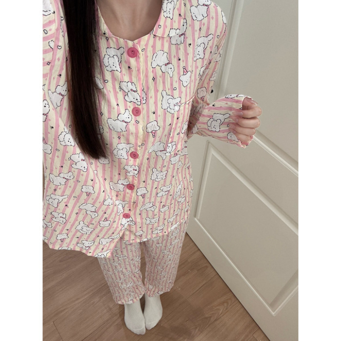云朵棉韩版睡衣女春秋夏季长袖长裤套装卡通小新翻领薄款家居服女|undefined
