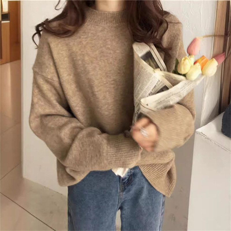 Coreano casual retro color sólido suéter de cuello redondo para mujeres otoño y invierno nuevo estilo de vestir suelta camisa de punto de estilo portugués