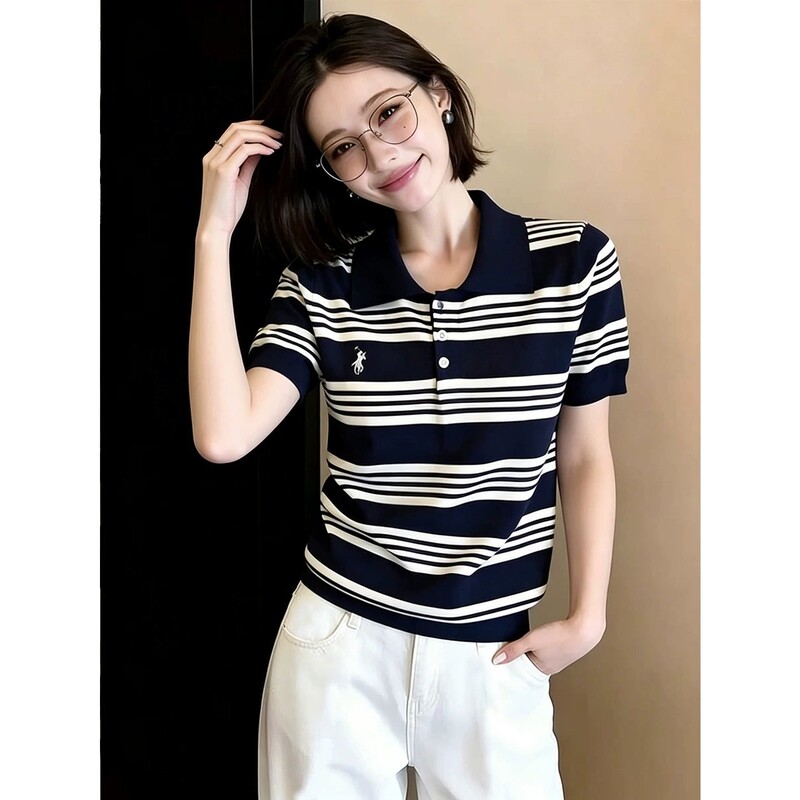 Retro Striped Polo Collar British Style 2026 Summer New Short-Sleeve Knit Top for Women Versatile Casual Soft Top