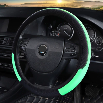 Cross-border perforated carbon fiber four Steering wheel cover - dd-no-inner-ring-embossed-grid-new-black-green-38cm