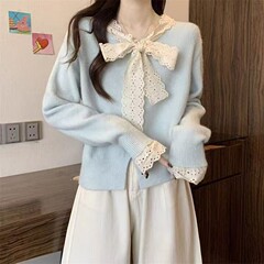 フレンチスタイルのレースステッチリボン長袖ニットカーディガン女性用秋と冬のインナーセーターボトリングシャツトップ