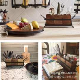 铁木结合餐具收纳盒厨房刀叉筷子多格储物盒架桌面化妆刷收纳架