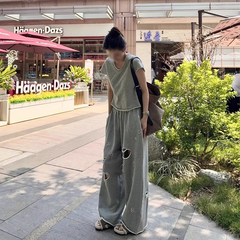 불규칙한 디자인, 찢어진 컬링 캐주얼 스포츠 슈트, 여성 여름 신작 반팔 와이드 팬츠, 패셔너블한 투피스 세트