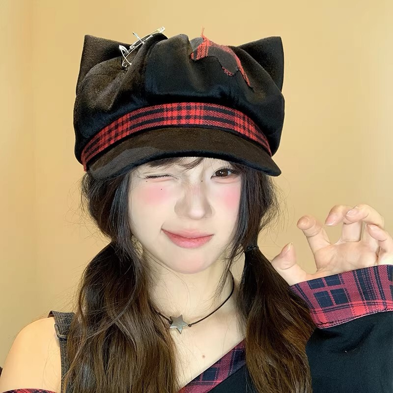 New Y2K Style Plaid Patch Cat Ear Hat Versatile Beret That Makes the Face Look Smaller Breathable Niche Cosplay
