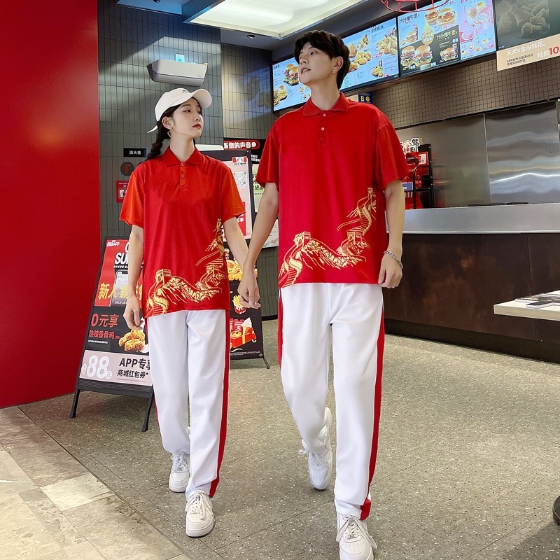 Graduation Photo Class Uniform, Preppy Style Sports Suit, Chinese Style Red Short-Sleeved T-Shirt, Junior High School Student Performance Costume