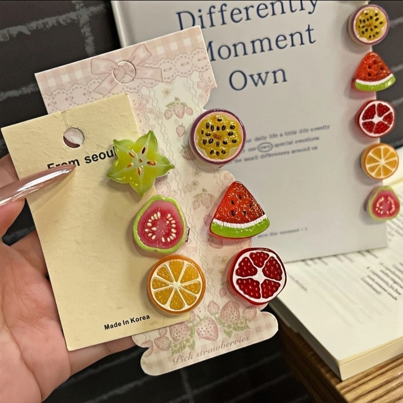 Full of Summer Fruits! Realistic Fruit Slice Hair Clips Featuring Star Fruit, Grapefruit, Watermelon, and Orange, Unique and Cute
