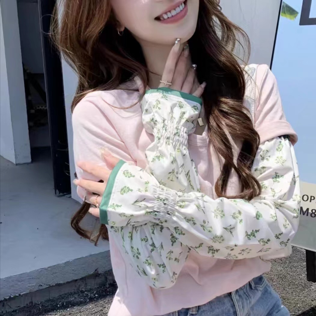 防曬袖套碎花可愛夏季冰絲開車護臂防紫外線冰袖寬鬆女印花套袖