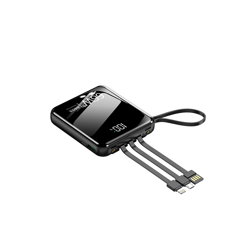 Banco de energía portátil mini de carga rápida bidireccional de 66W al por mayor, 10000 mAh de gran capacidad con cable integrado, fuente de alimentación móvil, personalizable.