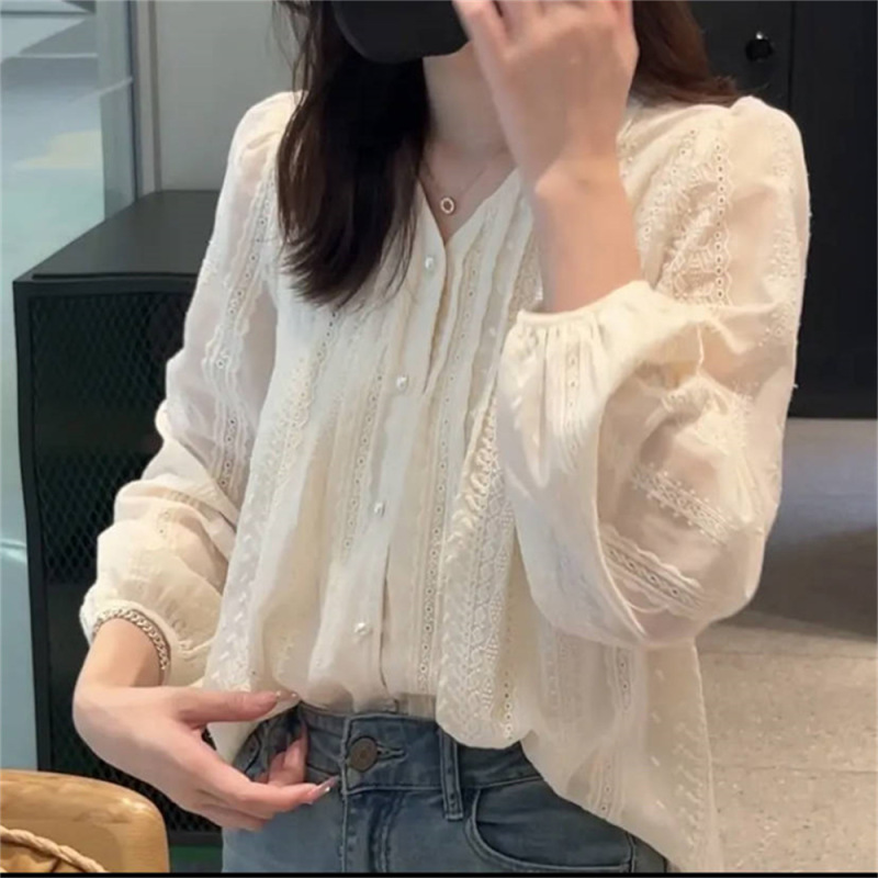 简约通勤设计感蕾丝长袖衬衫秋装女2025年新款刺绣小衫灯笼袖上衣|undefined