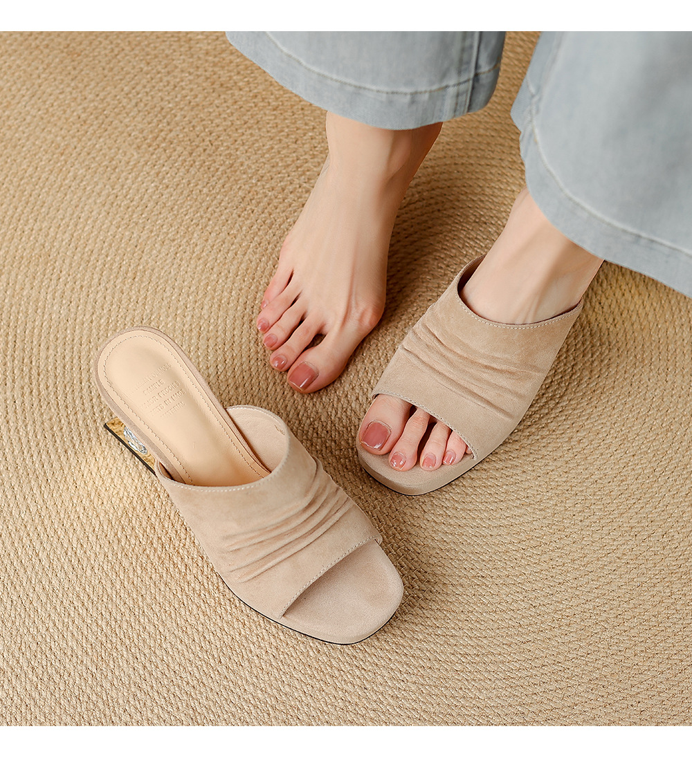Sandal peep toe nữ gót vuông da lộn mũi vuông đế xuồng cao 5 cm — màu đen, màu mơ chi tiết 8