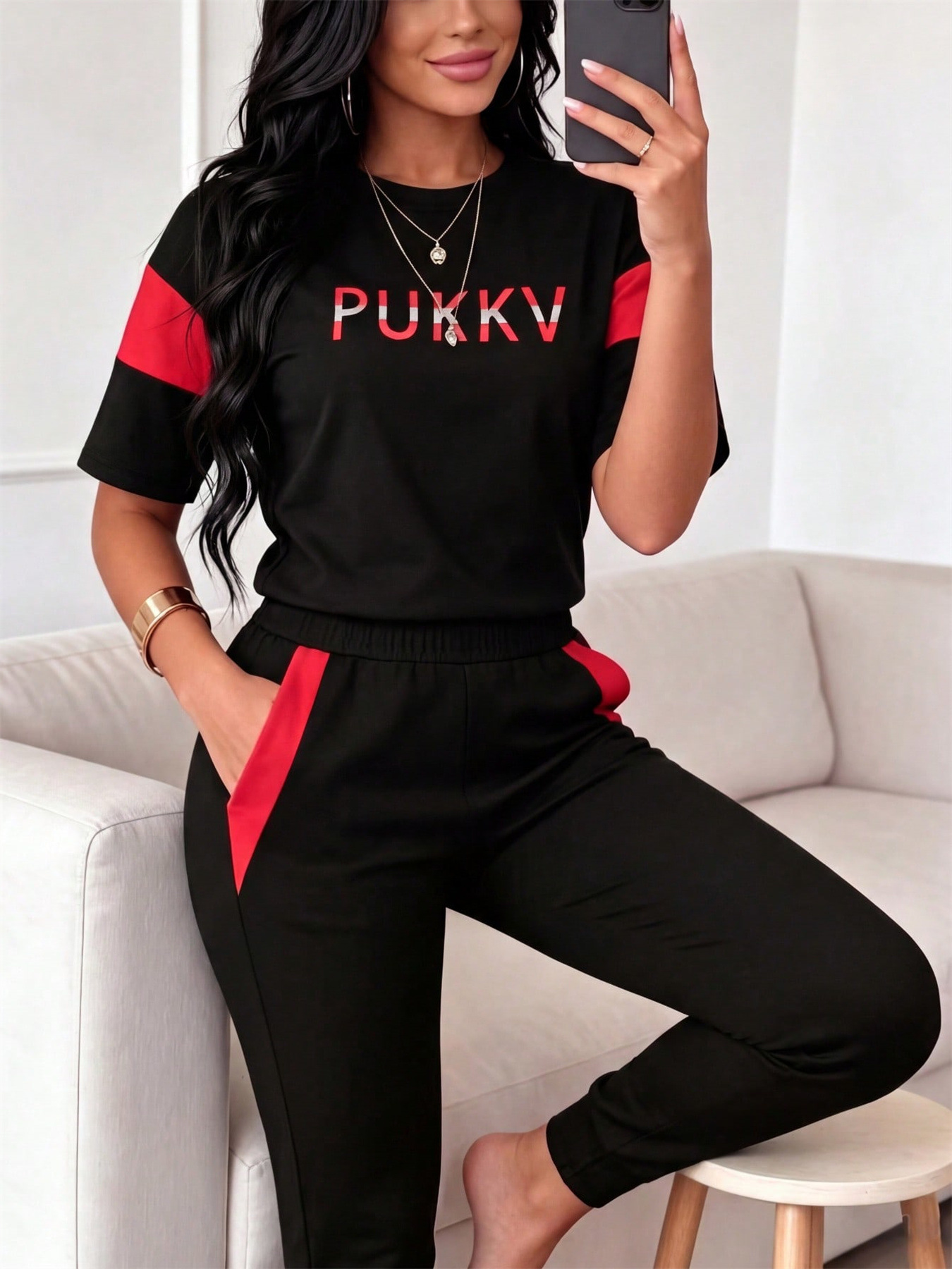 Women's Sporty Color Block Letter Print Top with High Waisted Trousers Casual Set Spring/Summer Short Sleeved Pant Outfit_ecoleips.com