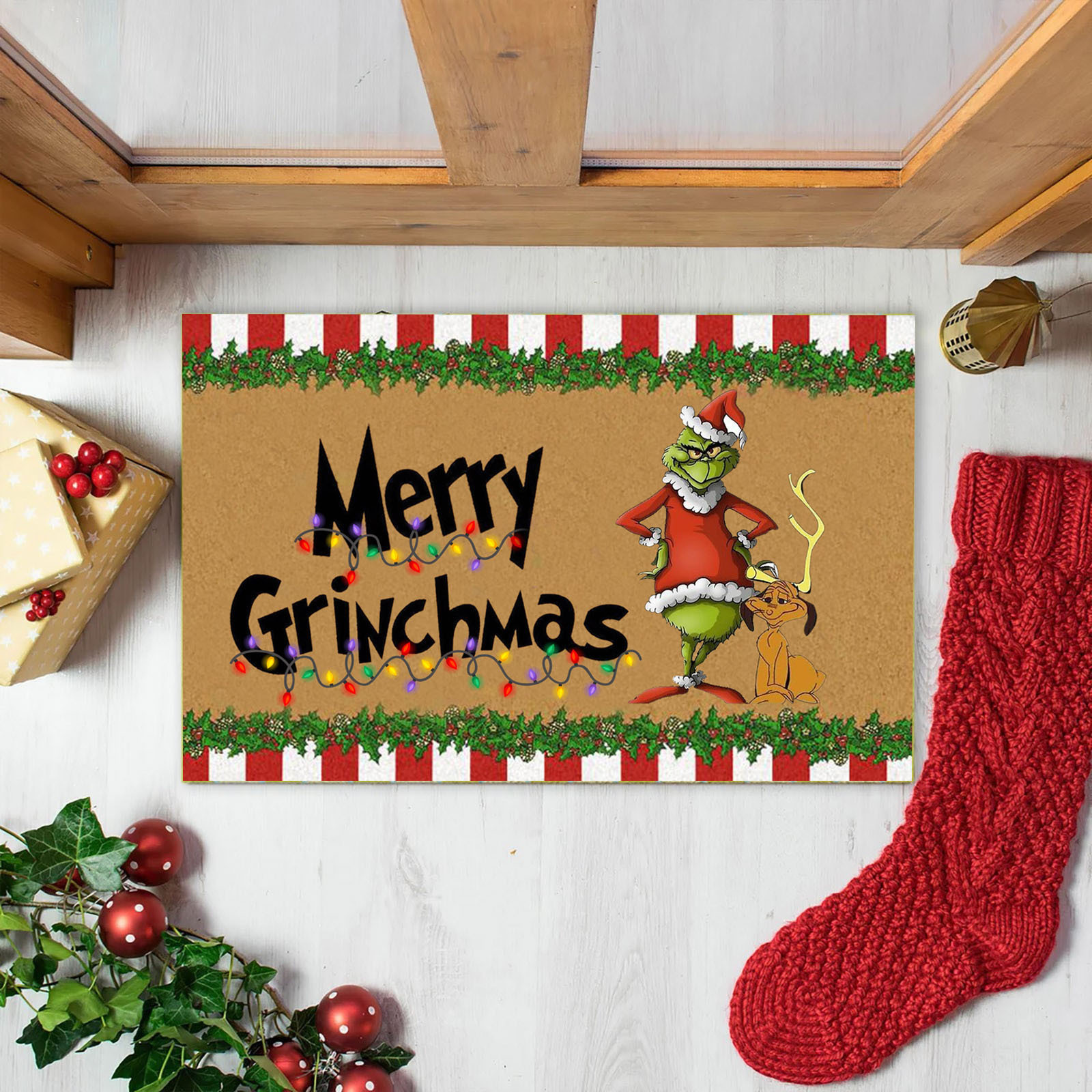 En stock Grinch alfombra del piso transfronterizo alfombra de Navidad alfombra de puerta de vacaciones verde payaso alfombra del piso