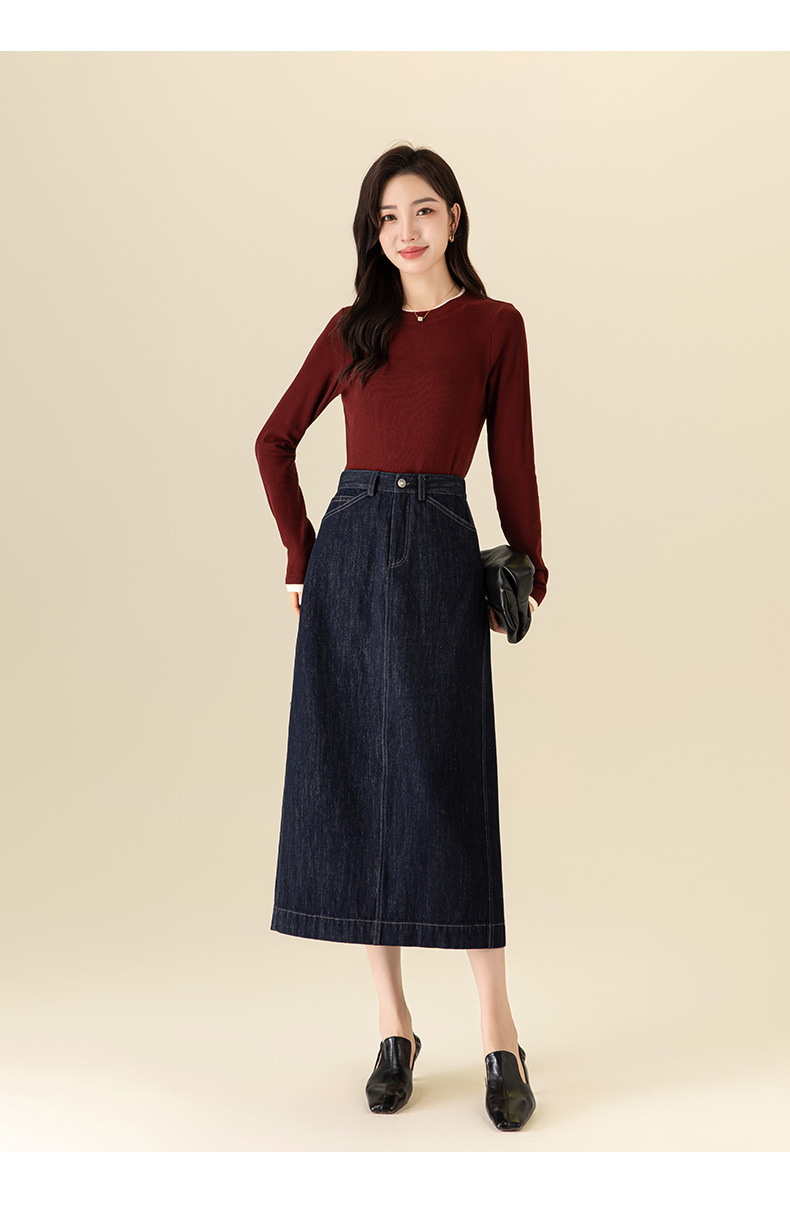 Chân váy jean nữ dài cạp cao co giãn dáng chữ A — Màu xanh denim chi tiết 29