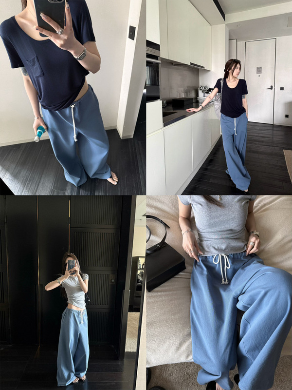 3533# superniniyy 蓝气球&松弛窄边中低腰宽松抽绳拖地裤阔腿裤|undefined