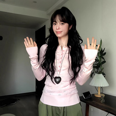 美式亨利领长袖t恤女早秋新款辣妹镂空针织衫修身打底设计感上衣