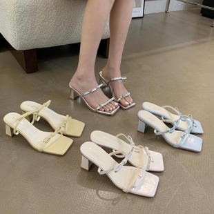 2024 spring new bow square toe thin open toe thick high waterproof platform Roman Beach outer wear half slippers women's sandals