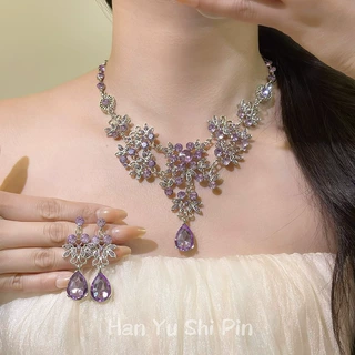 法式镶钻水滴流苏耳环项链套装轻奢高级ins风礼服重工配饰锁骨链