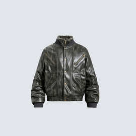 GY复古做旧pu皮毛领棉服夹克加厚保暖宽松翻领皮衣外套冬季座山雕