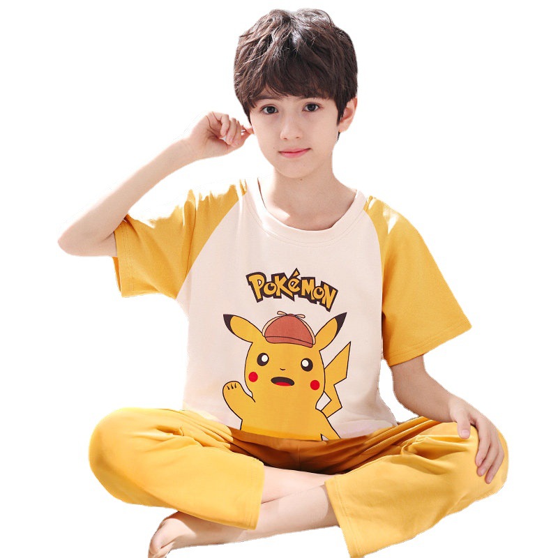 어린 이용 잠옷 소년의 여름 반팔 바지 봄과 가을에 중엽과 큰 소년을위한 순면 얇은 투피스 세트