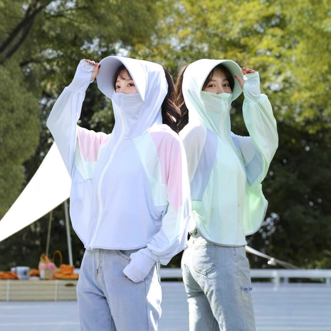 Летняя новая шитая контрастная цветная Солнцезащитная одежда, Женская шелковая накидка с капюшоном, Солнцезащитная одежда с защитой от УФ-лучей, блузка-шаль