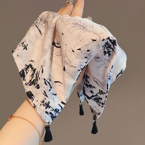 High-end, exquisite Korean hair accessories with a new Chinese style, grey ink wash painting floral print tassel small square scarf hair tie, large intestine ring hair ribbon