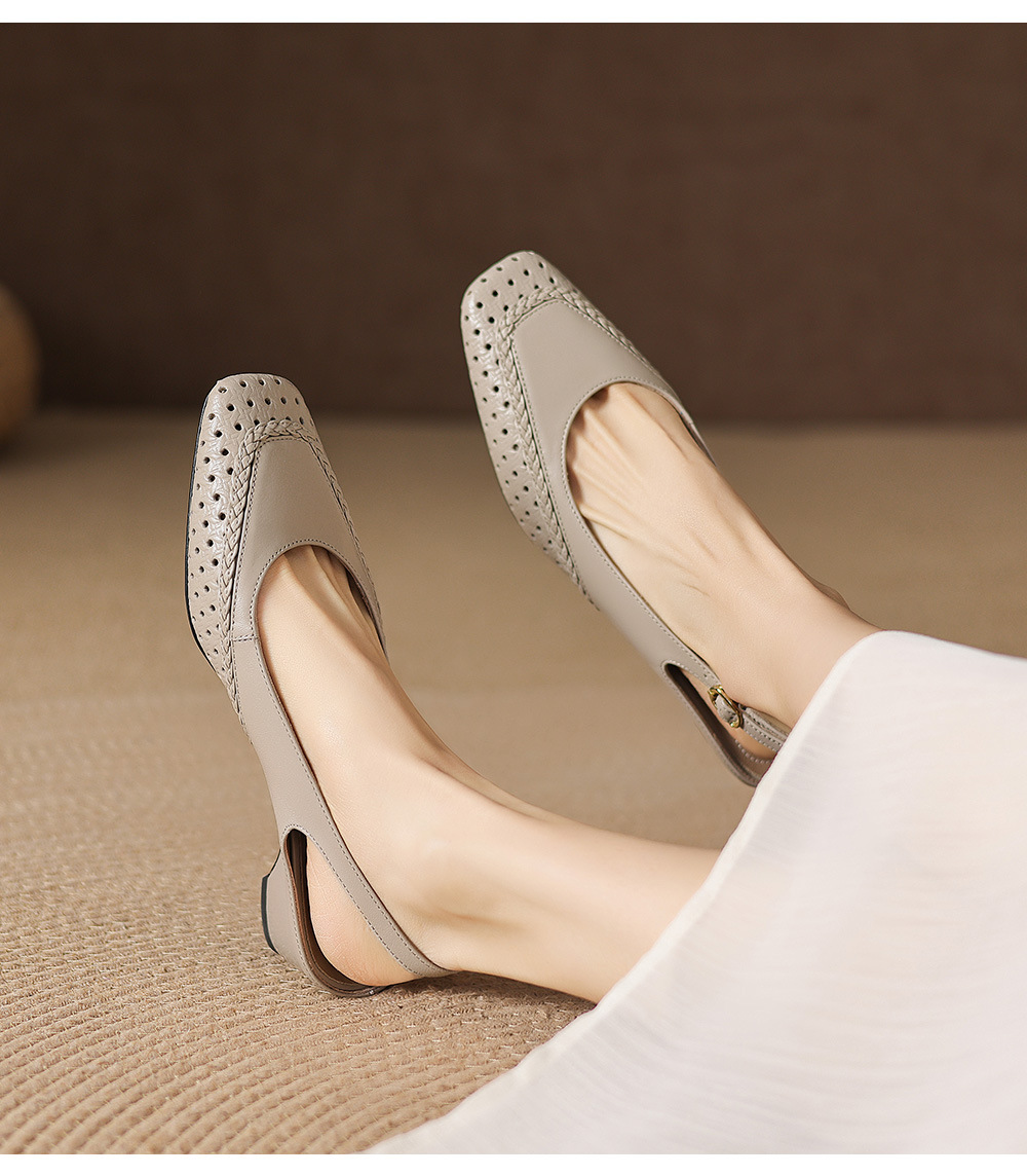 Sandal nữ gót thấp 3.5cm da cừu dệt mũi vuông kiểu Pháp quai một dây — đen chi tiết 7