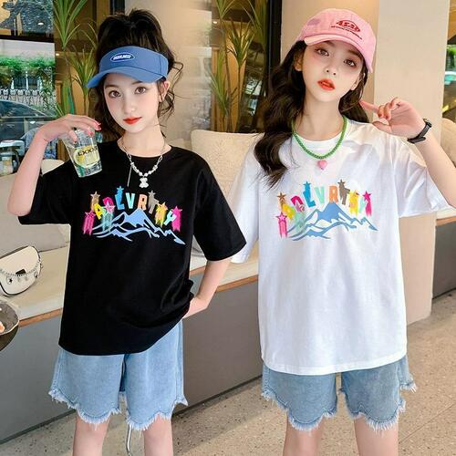 220g heavy-duty pure cotton summer short-sleeve T-shirt for girls, summer style, stylish half-sleeve, suitable for middle and large children, loose round neck top, trendy