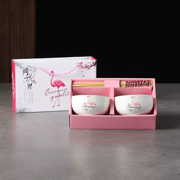Flamingo 2 bowls and chopsticks set