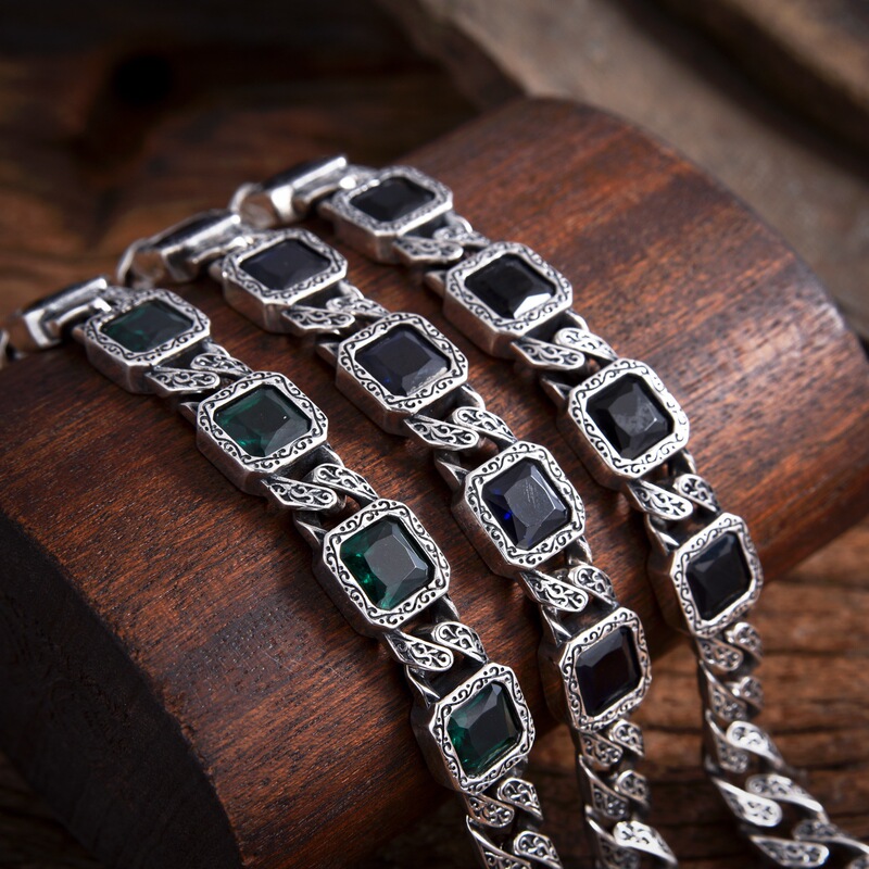 [Rattan Grass Pattern Square Diamond Bracelet] S925 Sterling Silver Personalized Hip-Hop European and American Style Men's Atmospheric Five-Diamond Colorful Bracelet