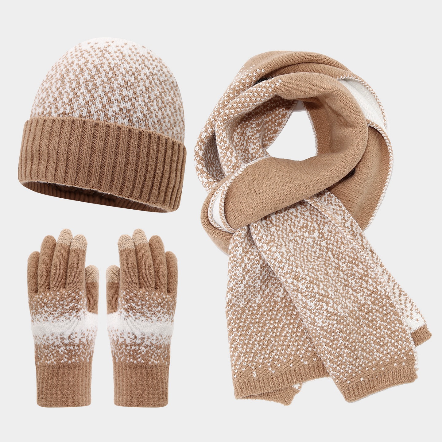 Coreano de color contrastante lana sombrero de punto bufandas guantes de pantalla táctil tres piezas de otoño invierno sombrero de frío para mujeres set de calor