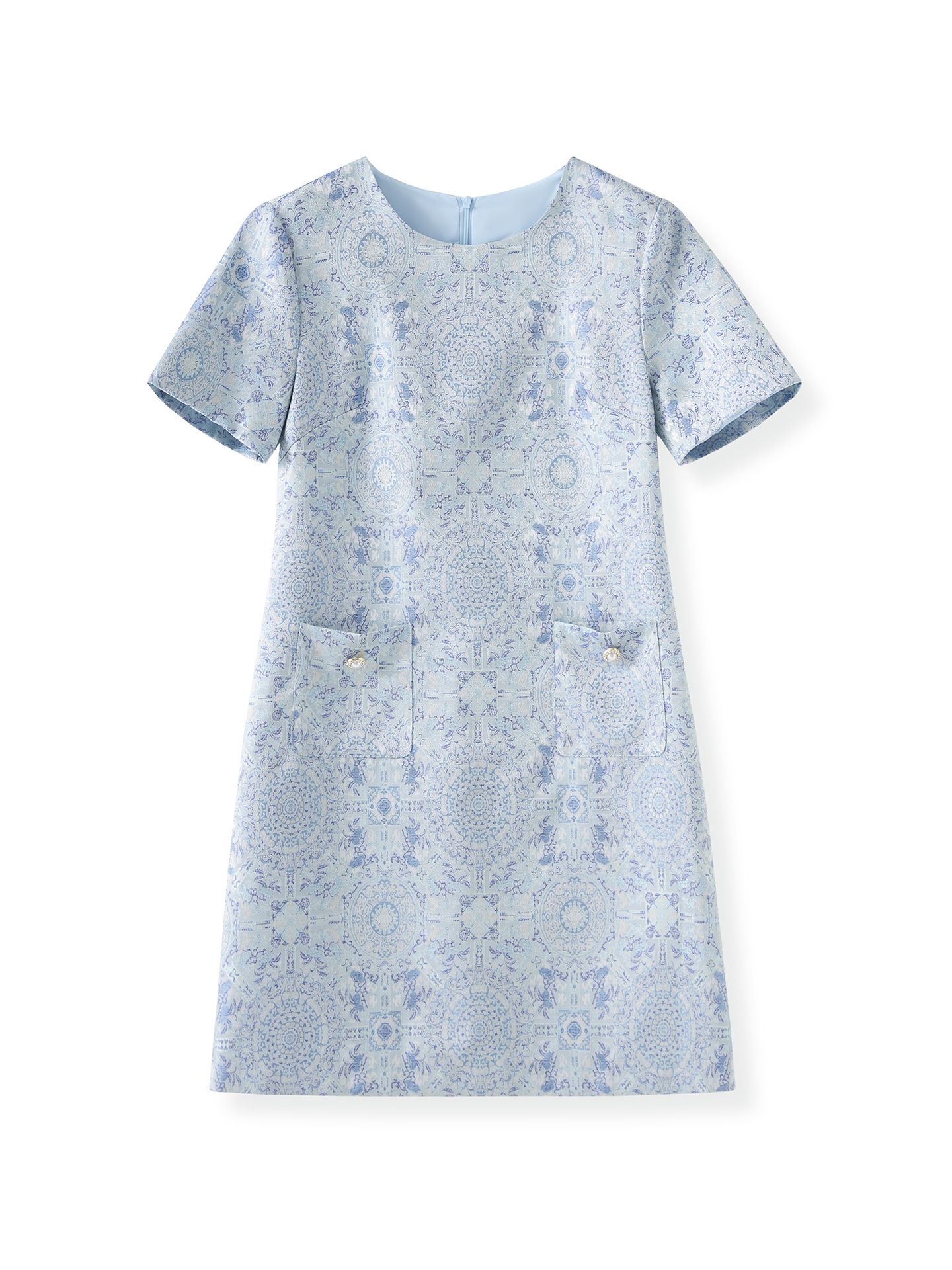 Váy chữ A jacquard lụa vàng phong cách quốc gia tay ngắn chất lượng cao — Màu xanh lam