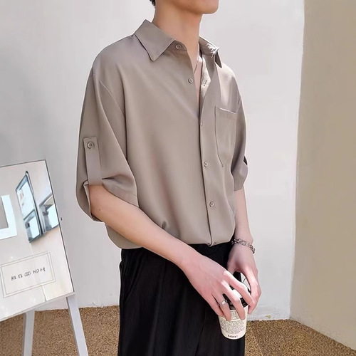 Men's Short Sleeve Han Style Trendy Top, 7/8 Sleeve Blouse, Light Mature Style, Cooler Style Summer Ice Silk Feeling Collarless Shirt