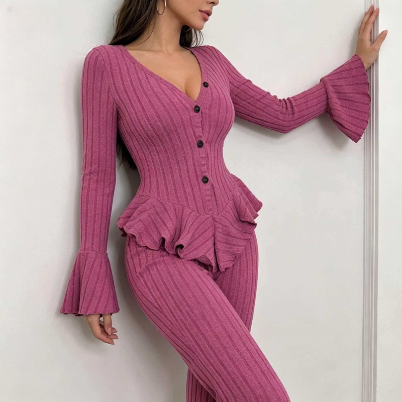European and American style women's velvet pajamas with wavy ruffles, V-neck, bell sleeves, long pants, home wear set, can be worn outside
