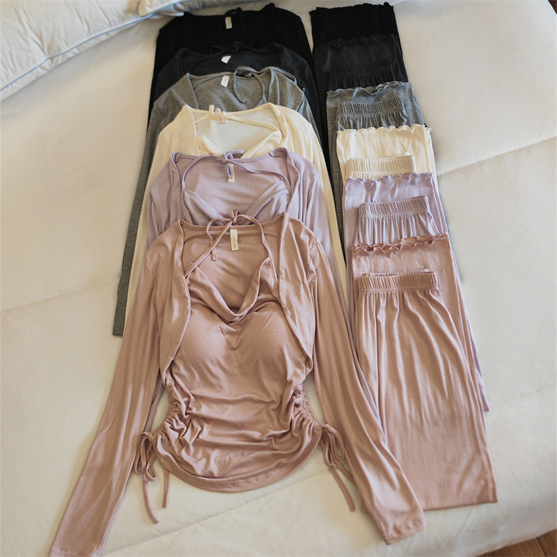 New Cross-Border Foreign Trade Soft Modal Pajamas for Women, Spring and Autumn Style, Halter Neck French Style with Chest Pads, Can Be Worn Outside in Winter