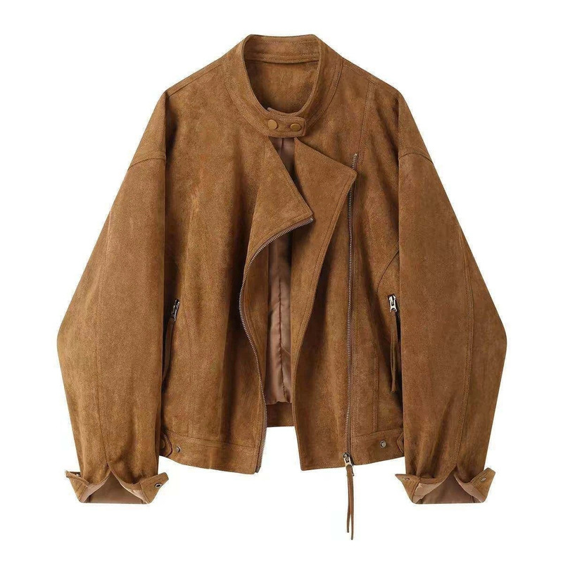 Retro Maillard Faux Suede Short Jacket for Women, 2026 Spring New American Style Round Neck Motorcycle Flight Jacket Retro Maillard Faux Suede Short Jacket for Women, 2026 Spring New American Style Round Neck Motorcycle Flight Jacket