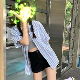 韩系慵懒风条纹polo领单排多扣衬衫夏季新款女装宽松百搭短袖上衣