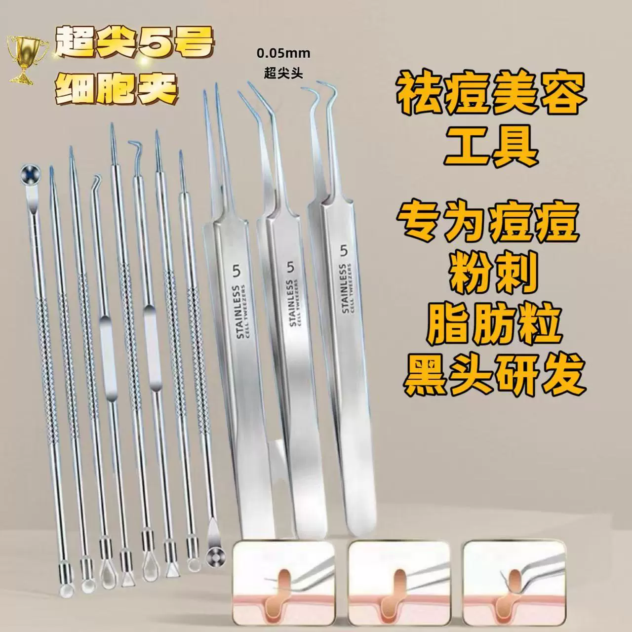 粉刺针痘痘针细胞夹超尖闭口针清痘黑头挤压工具粉刺夹去痘专业级