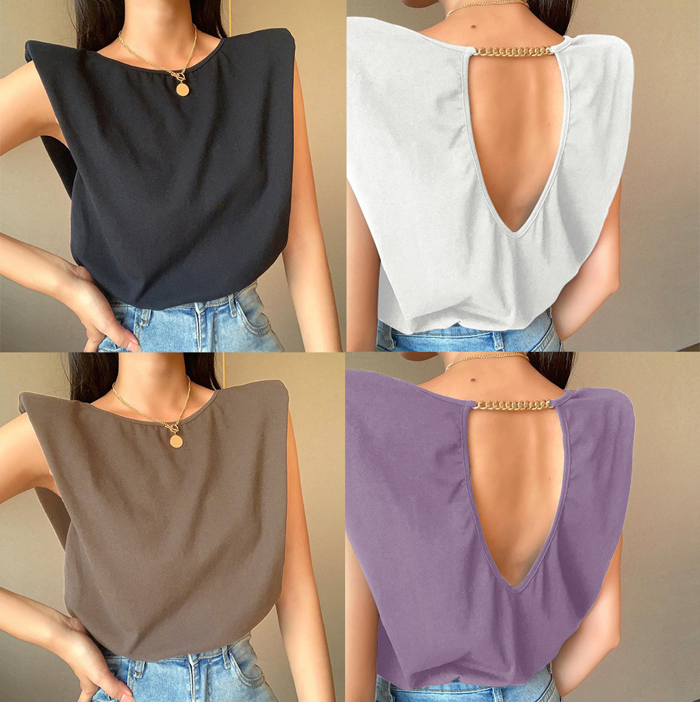 2021 shoulder pad chain halter T-shirt w...