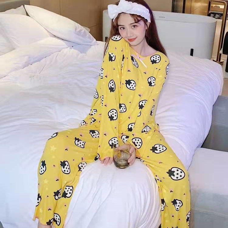 Autumn and Winter Casual Cute Loose Set Women's Round Neck Home Stock Collarless Cartoon Pajamas Women's New Pajamas