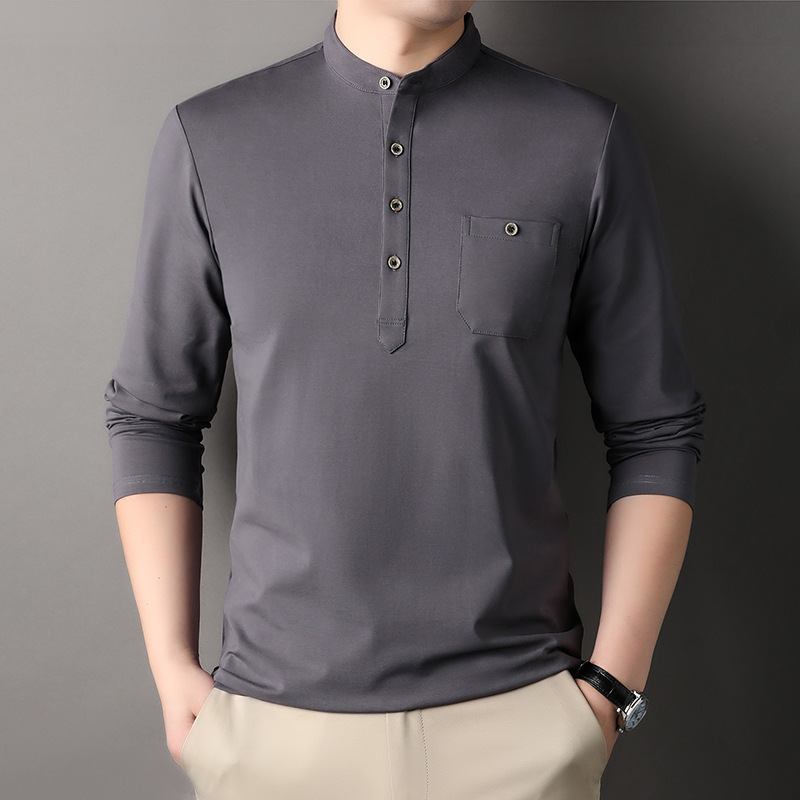 Chinese Style Retro Style Men's Spring and Autumn Long Sleeve T-shirt Real Pocket Turndown Shirt Cotton Autumn Top for Middle-aged Dad