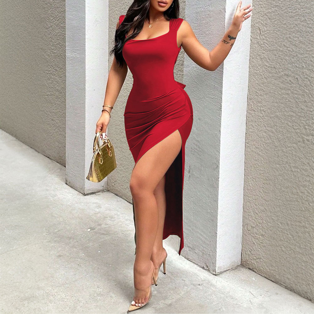 Elegant Red Backless Midi Dress Sexy Fit Spring Summer Collection Perfect for Parties and Special Occasions Wholesale