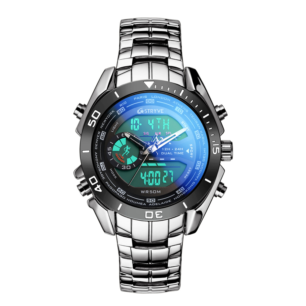 Reloj de acero inoxidable de moda para hombre STRYVE con reloj electrónico de doble pantalla reloj de cuarzo para hombre 8019