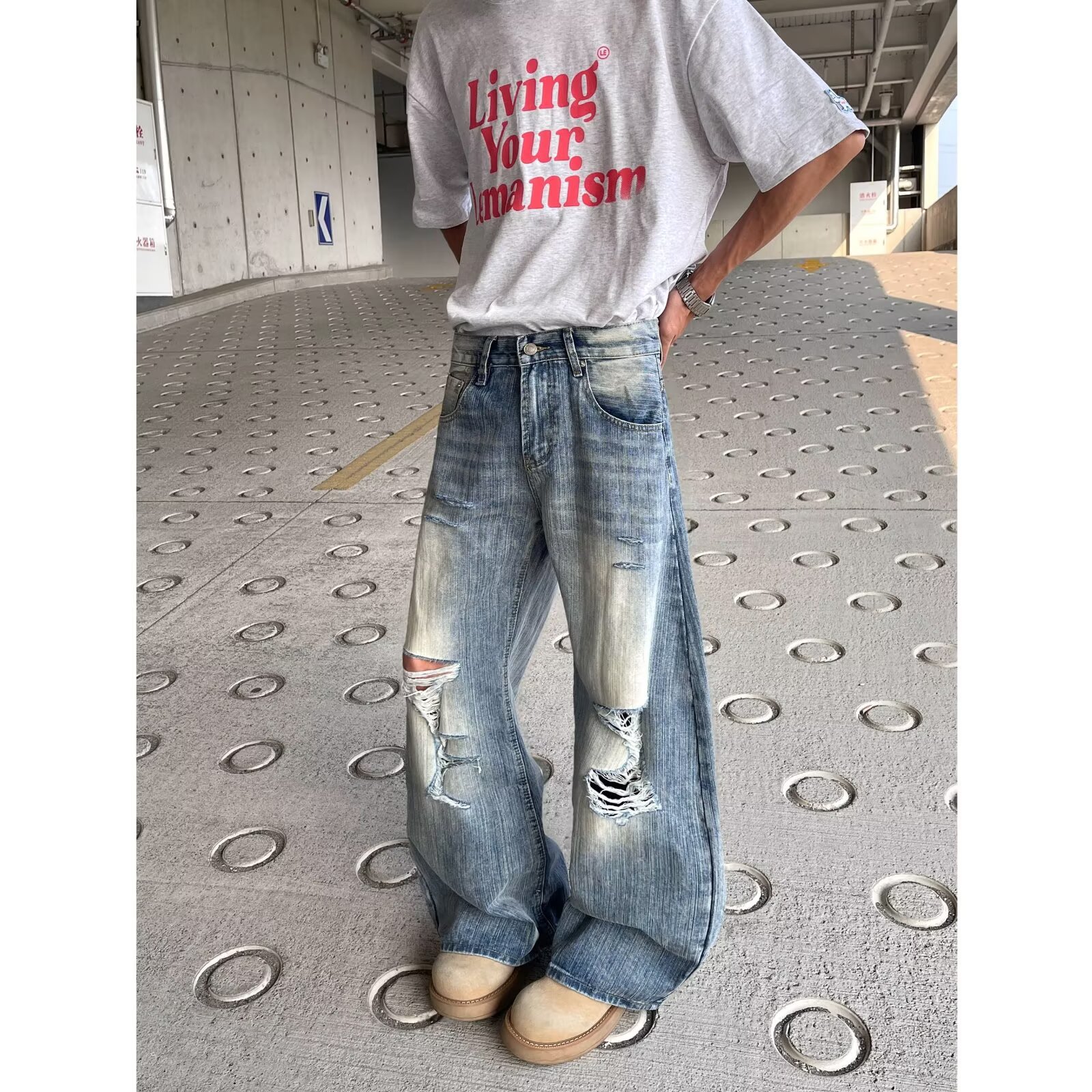 Unisex Distressed Denim Jeans | Relaxed Straight Leg Fit For Men And Women | Comfortable Stretch, Vintage Washed, Everyday Casual Style_viptrois.com