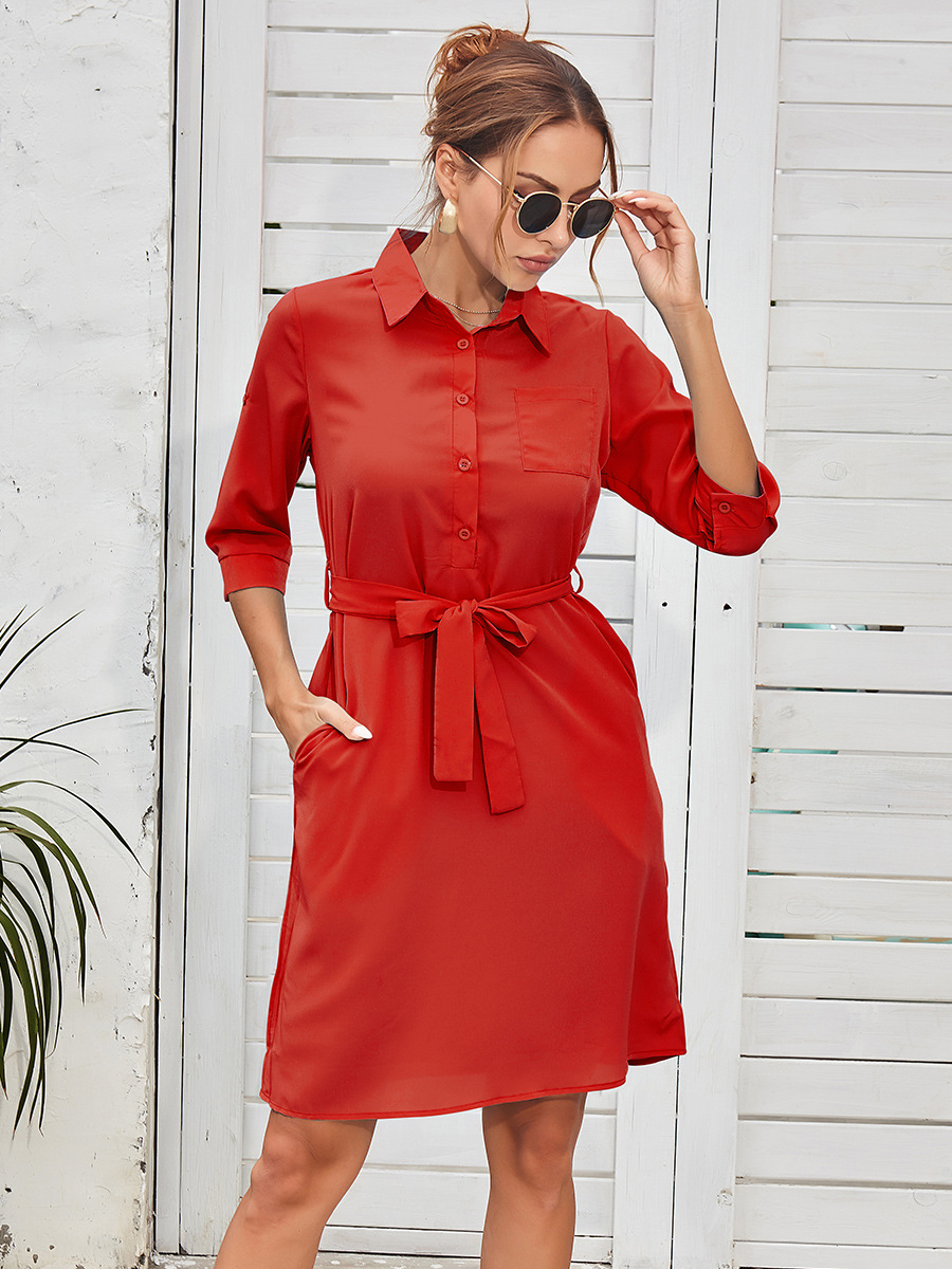 Belt Solid Color Shirt Dress NSAL48488