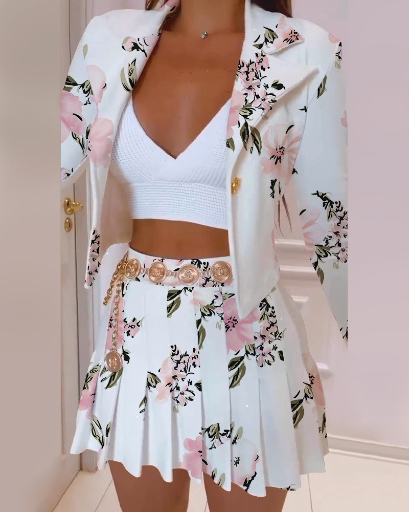 Fashion Color Block Polyester Printing Pleated Long-sleeved Suit Collar Printed Small Suit Skirt 2 Piece Set display picture 4