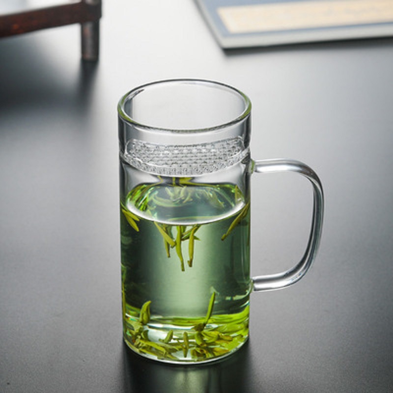 Cubierta de madera taza de té de vidrio de borosilicato con mango traje de té taza de té perfumada con tapa Filtro de tres piezas taza de té verde