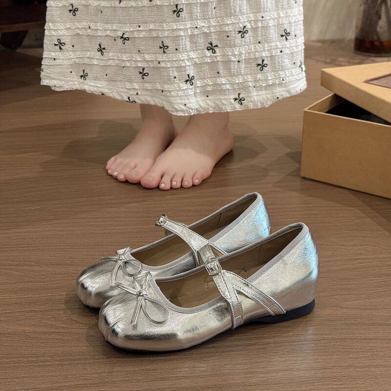 2026 Spring/Summer New Silver Color Hidden Heel Mary Jane Shoes for Women, Ballet Style Bowknot Shallow Mouth Flats, French Style to Pair with Skirts
